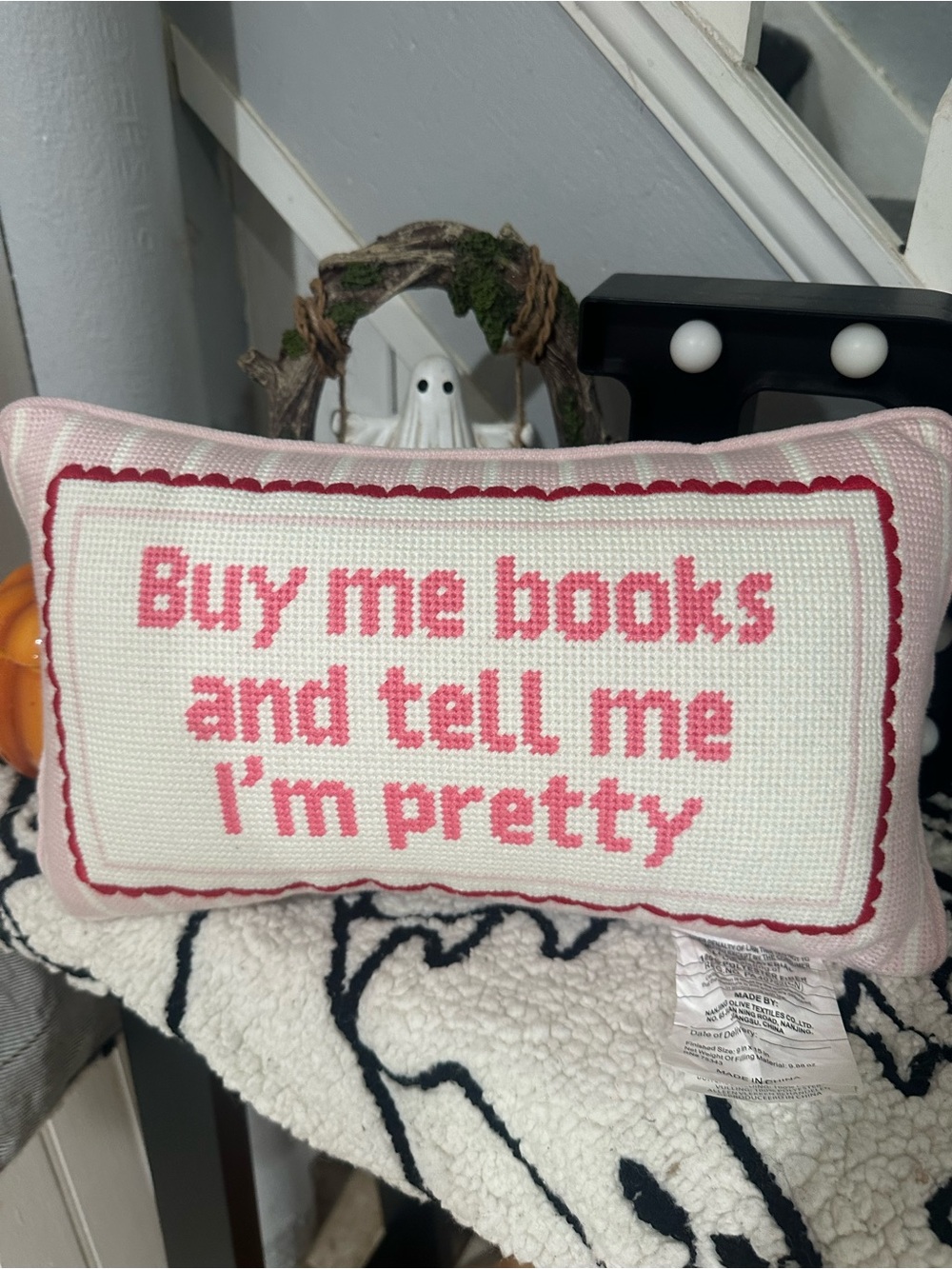 Buy Me Books and Tell Me I’m Pretty Pink Needlepoint Throw Pillow